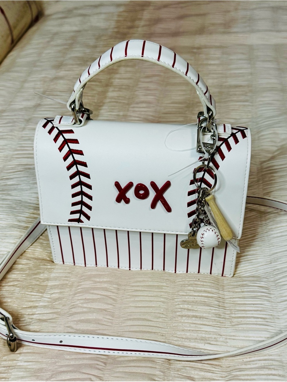 Betsey Johnson White Red Baseball-Accent Top Handle Bag - XOX Design